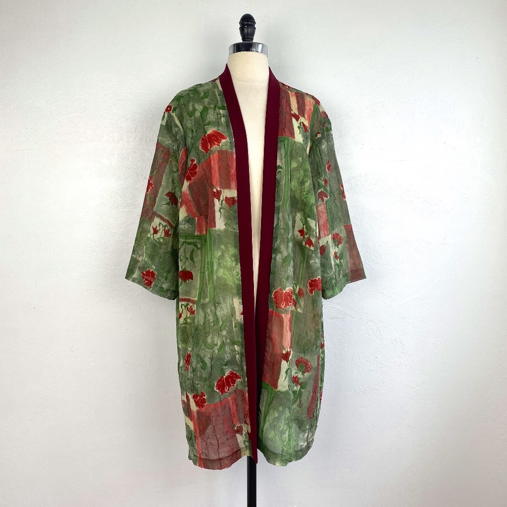 Vtg Stacey Tyler Floral Duster 22 Large Crinkle Semi Sheer Chiffon Open Front